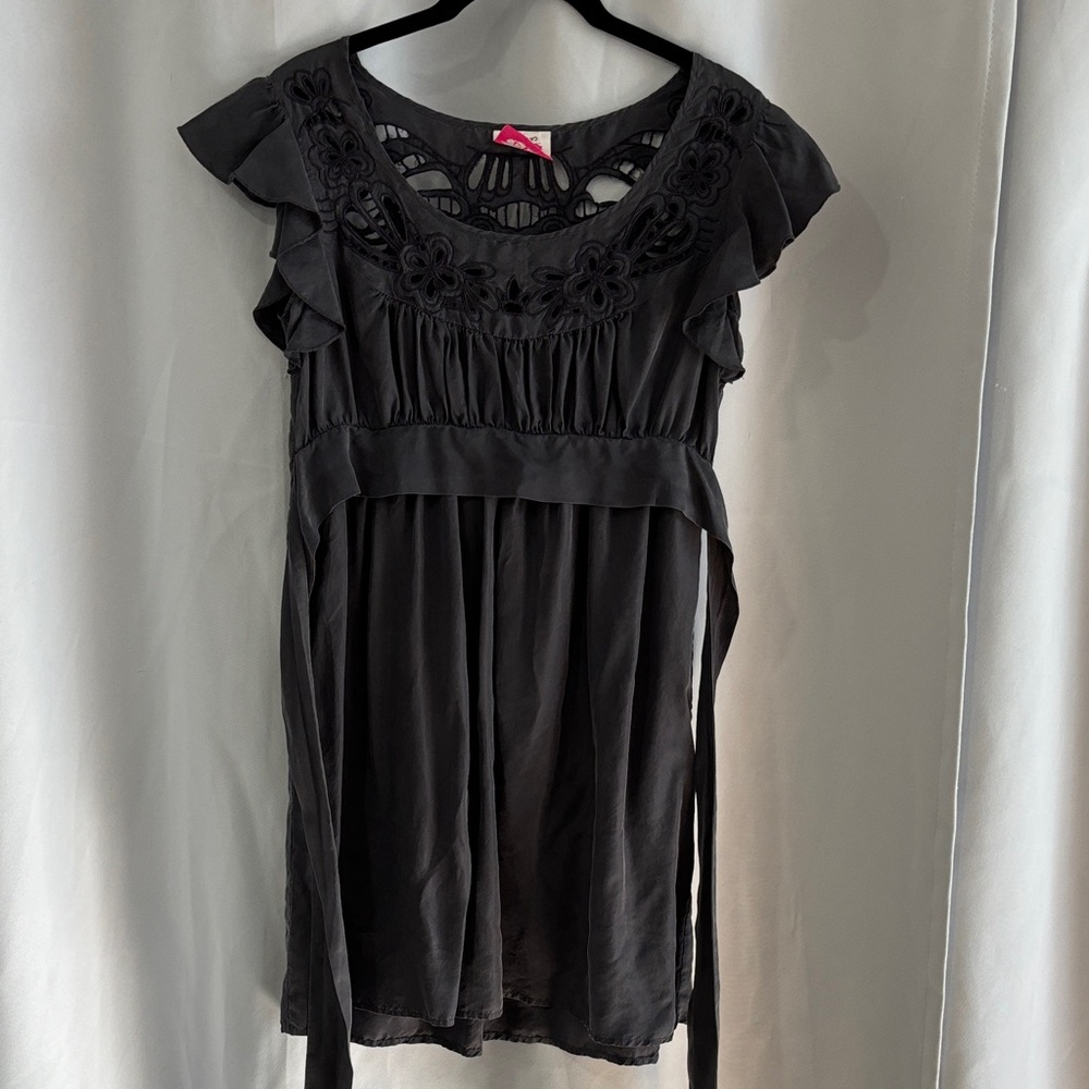 Lipsy Black 100% Silk Lace Ruffle Sleeve Blouse Size 4